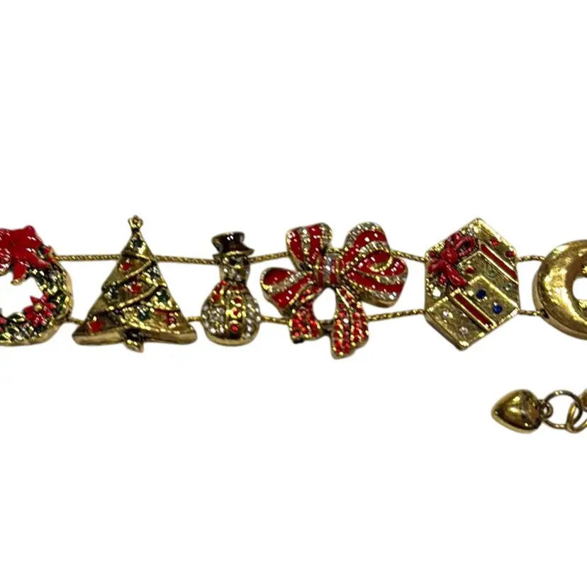 Vintage Goldtone Christmas Slider Bracelet - Bella, Santa, Wreath, Tree, Snowman, Bow, Present - 8.5” With Extender