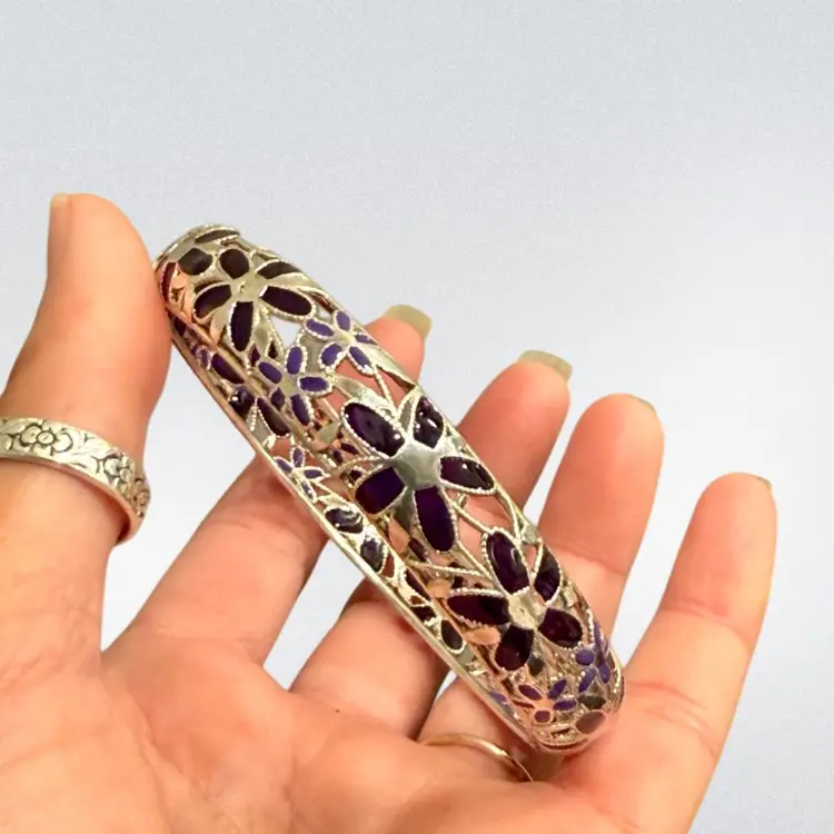 Itaor Italian Designer Sterling Silver 925 Floral Diamond Cut Bangle w/ Purple Jade Accents, 2.5” Inner Diameter, 18.5g
