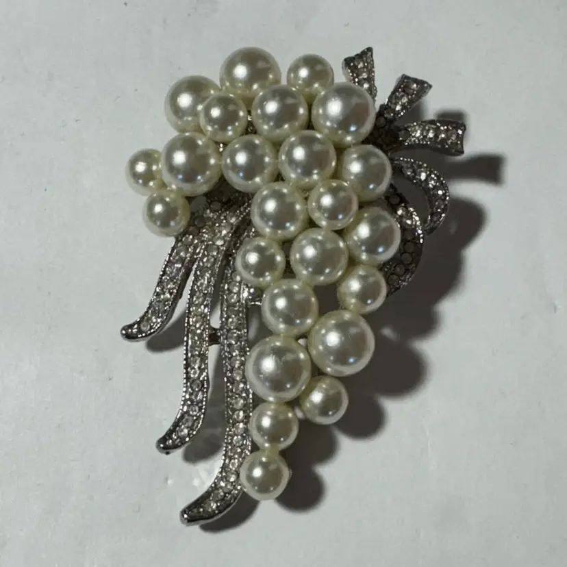 Vintage Unsigned Cascading Faux Pearl Rhinestones Bouquet Brooch