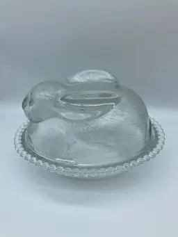 Vintage Tiara Bunny on a Nest - Clear Glass  Rabbit Candy Dish  Indiana Glass Boopie Candlewick Style Edge EUC