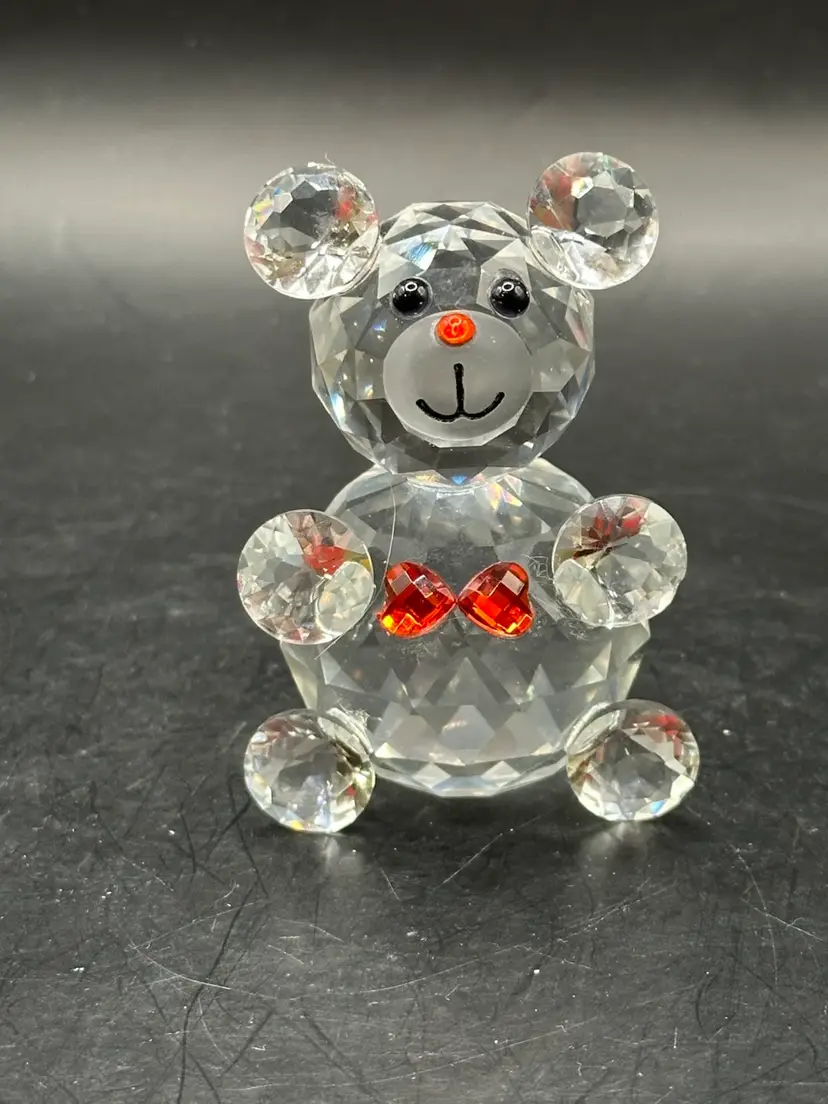 Small Clear Crystal Sitting Teddy Bear Figurine Red Bowtie & Nose,  Black Eyes