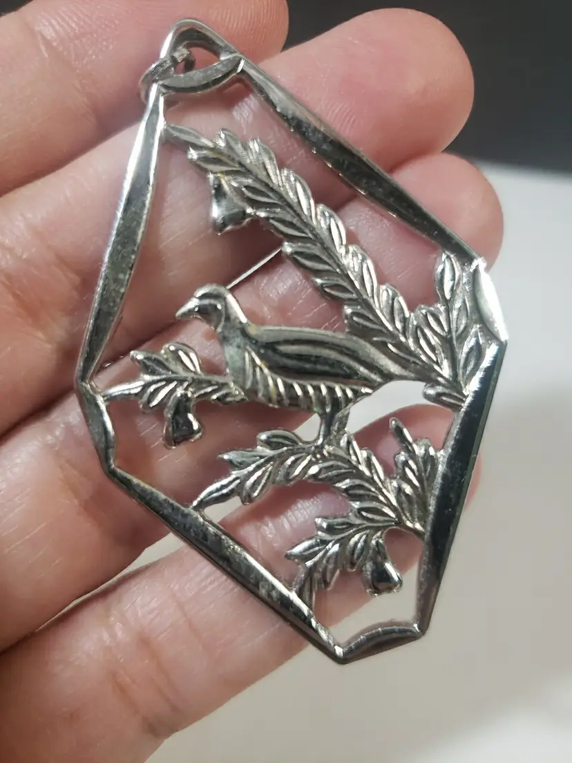 Vintage Art Nouveau bird on Branch sterling silver pendant necklace