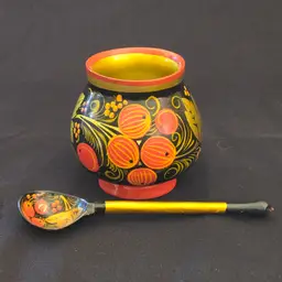 Folk Art Khokhloma Cup, Spoon Soviet Russian both Hand Painted Vintage with Issues