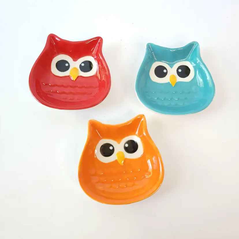 Set of 3 Owl Trinket Bowls Dishes Red Blue Orange Small Nursery Cottage Forrest