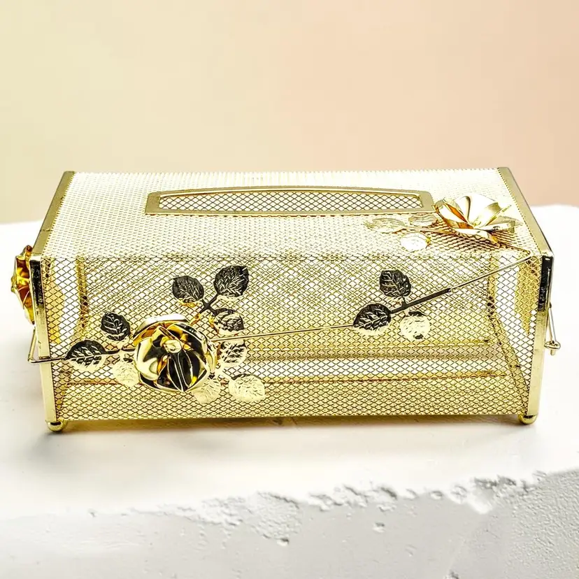 Vtg Gold Tone Metal Rose Mesh Tissue Box Cover Holder Hollywood Regency NOS Box