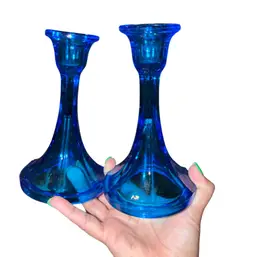 New Martinsville Viking Epic Blue Art Glass Candle Stick Holders
