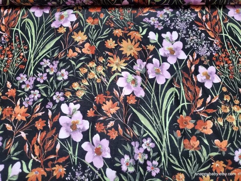 Wildflowers on Black Fabric Remnant - 100% Cotton - Choose Size - Soft Craft & Quilting Fabric