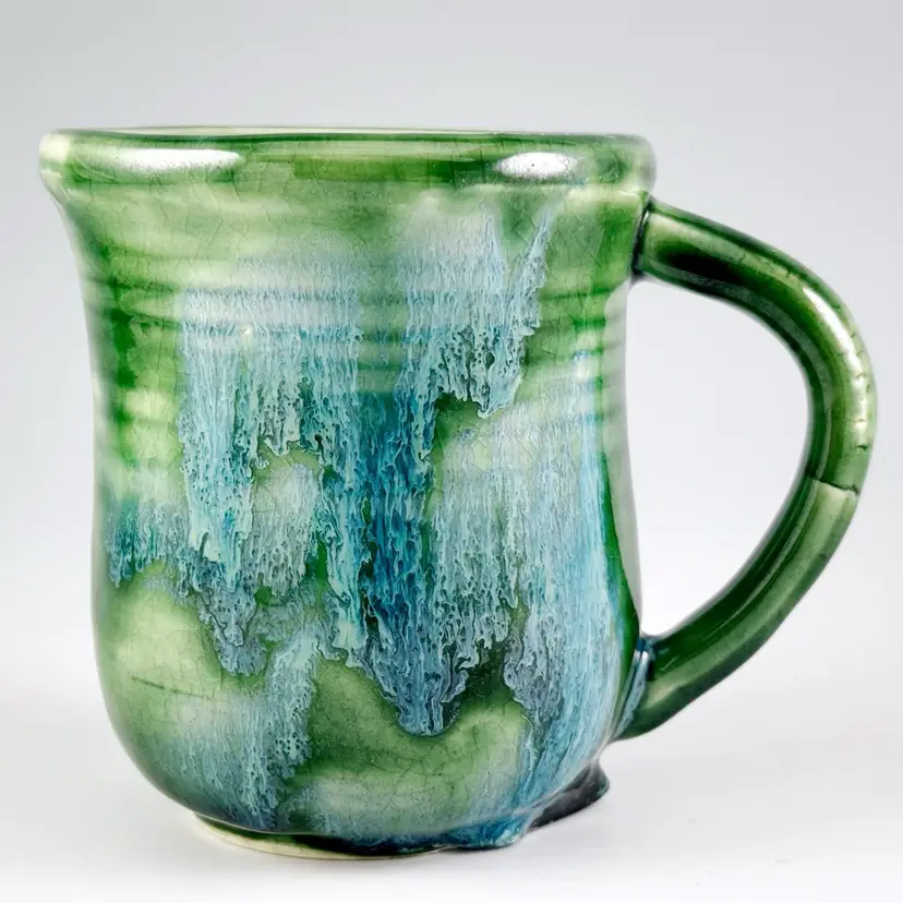 Handmade Studio Pottery, Green & Blue Drip Glazed Stoneware Mug, Signed Mike 2007