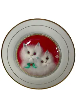 Jingdezhen China Domed Glass Plate White Ragdoll Kittens