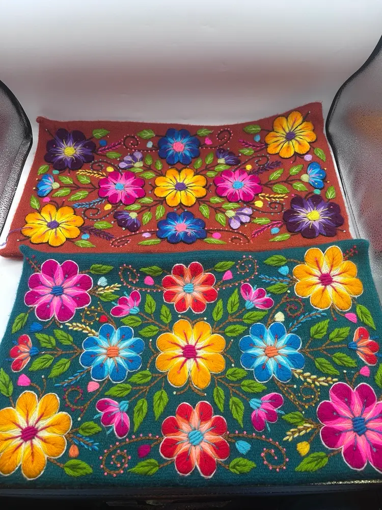 Pair Decorative Peruvian Handmade Embroidered Flowers Pillow Covers vintage