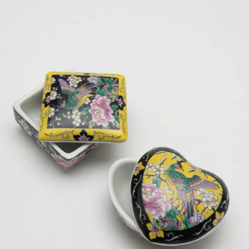 New JAPANESE ART HAND PAINTED CERAMIC JEWELRY BOX X 2 Birds Cherry Blossom