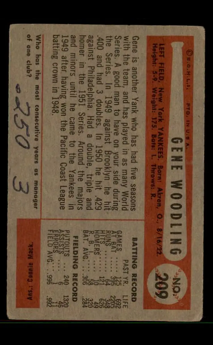 1954 Bowman #209 Gene Woodling - (pk-tl3) - New York Yankees