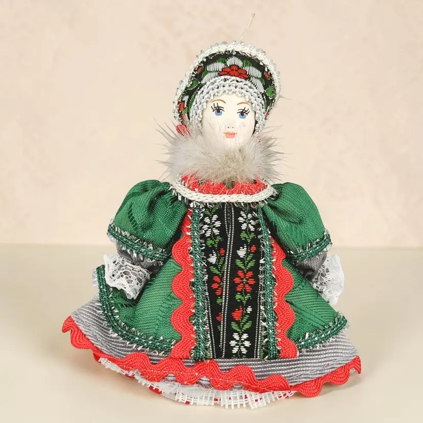 Vtg Porcelain Russian Doll Ornament Traditional Costume Dress Green Red Silver