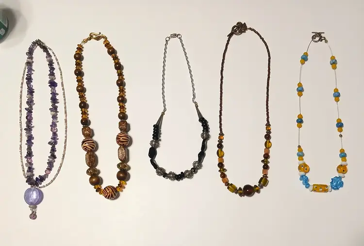 Handmade Semi Precious Stone/Gla/Wood/Metal Lot of 5 Necklaces