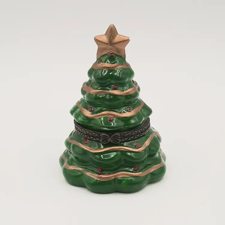 Christmas Tree Green & Gold Hinged Trinket Box