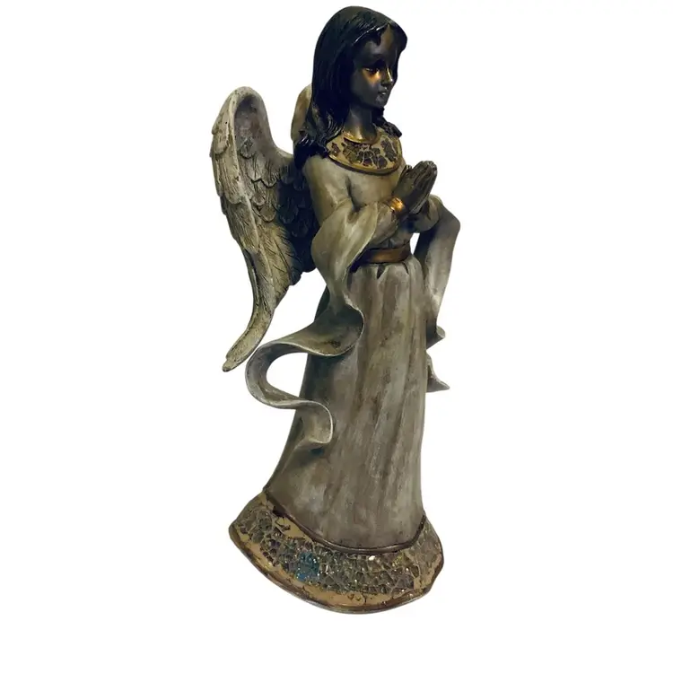 83. Grey Silver And Gold Color  8” Tall Resin Angel With Open Wings Featuring Praying Hands