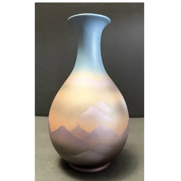 Vintage Otagiri Hand  Painted Blue Copper Iridescent Color Mountain Vase 10”
