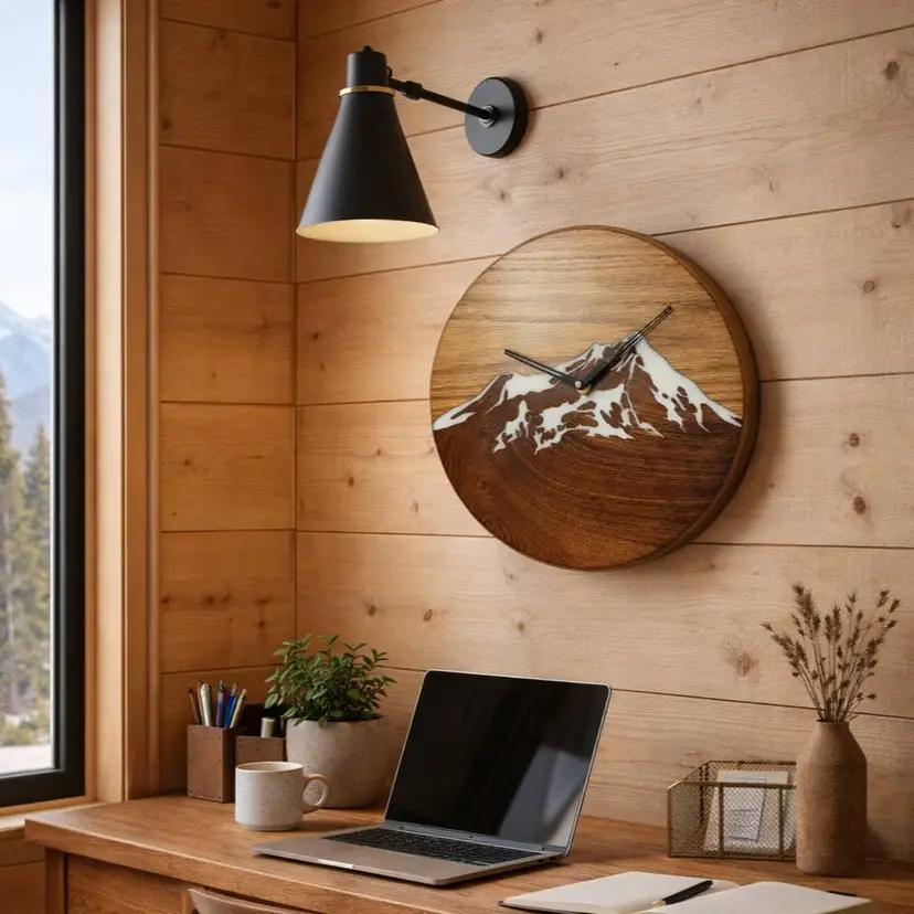 Walnut & Maple Mt. Shasta Wall Clock with White Resin Inlay