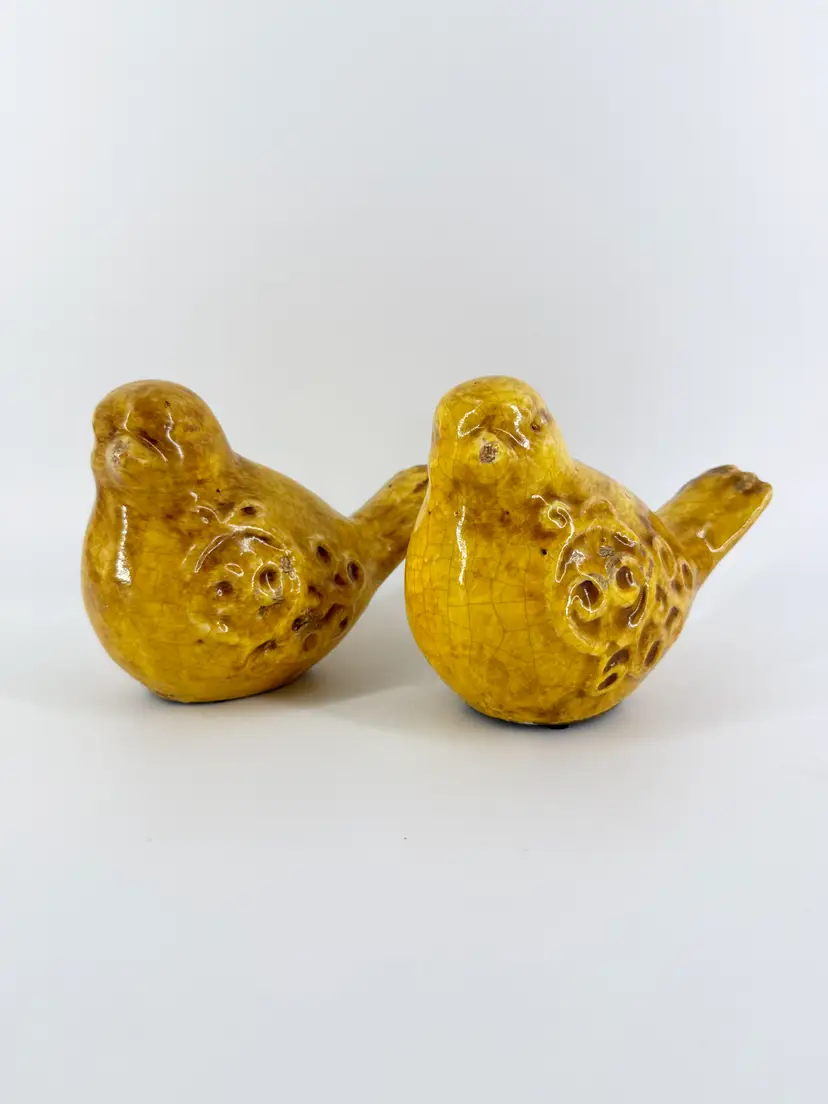 Pair 5.25" Ceramic Bird Figurines Weathered Rustic Textured Design Golden