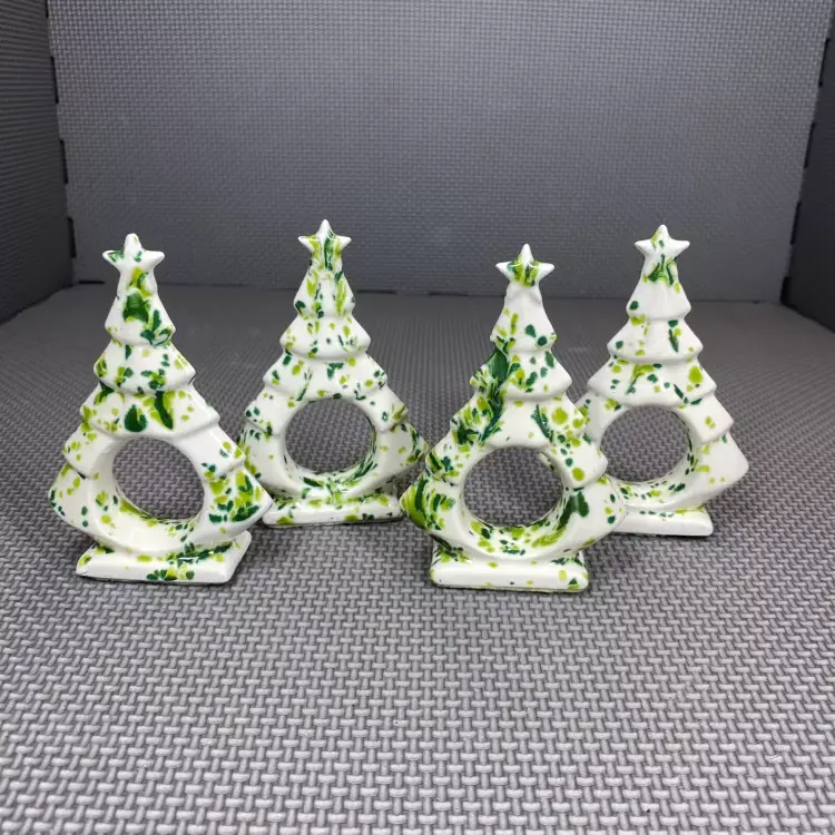 Vintage Napkin Rings Set of 4 White With Green Speckles Ceramic Christmas Trees