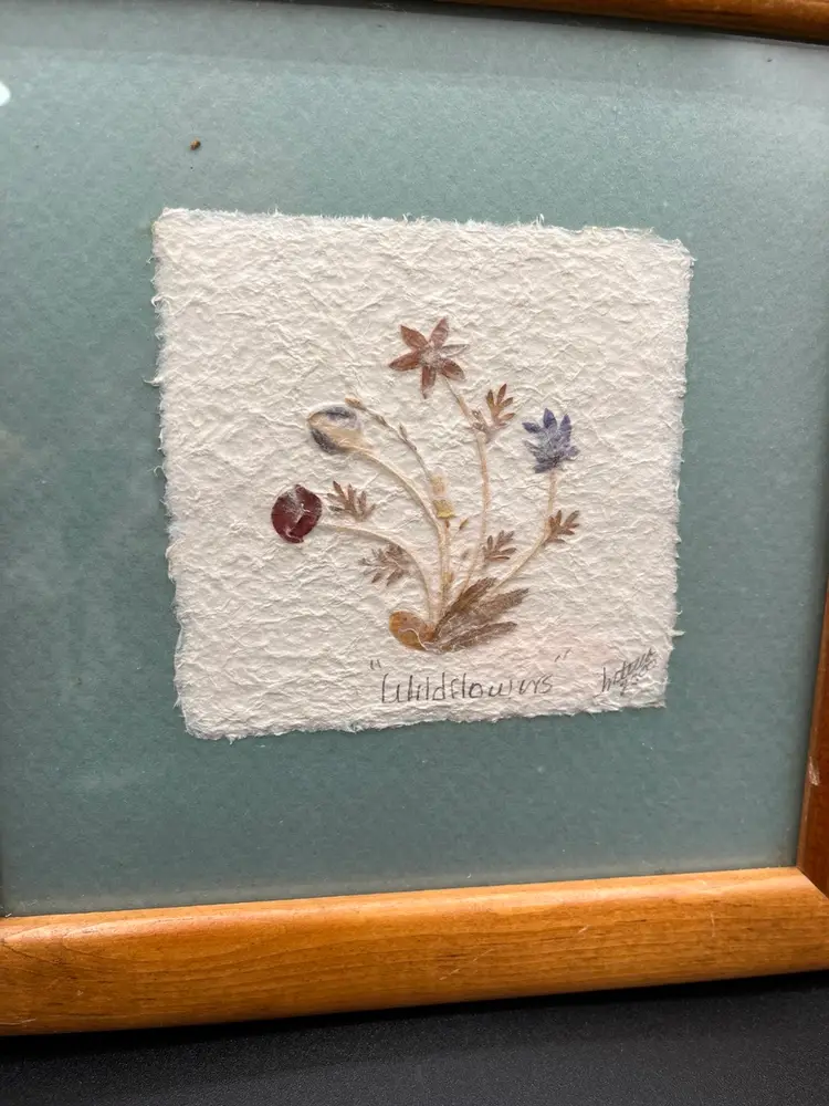 Signed 2000 Pressed Wildflowers On Papyrus Wooden Frame Artwork 8.5” 🖼️
