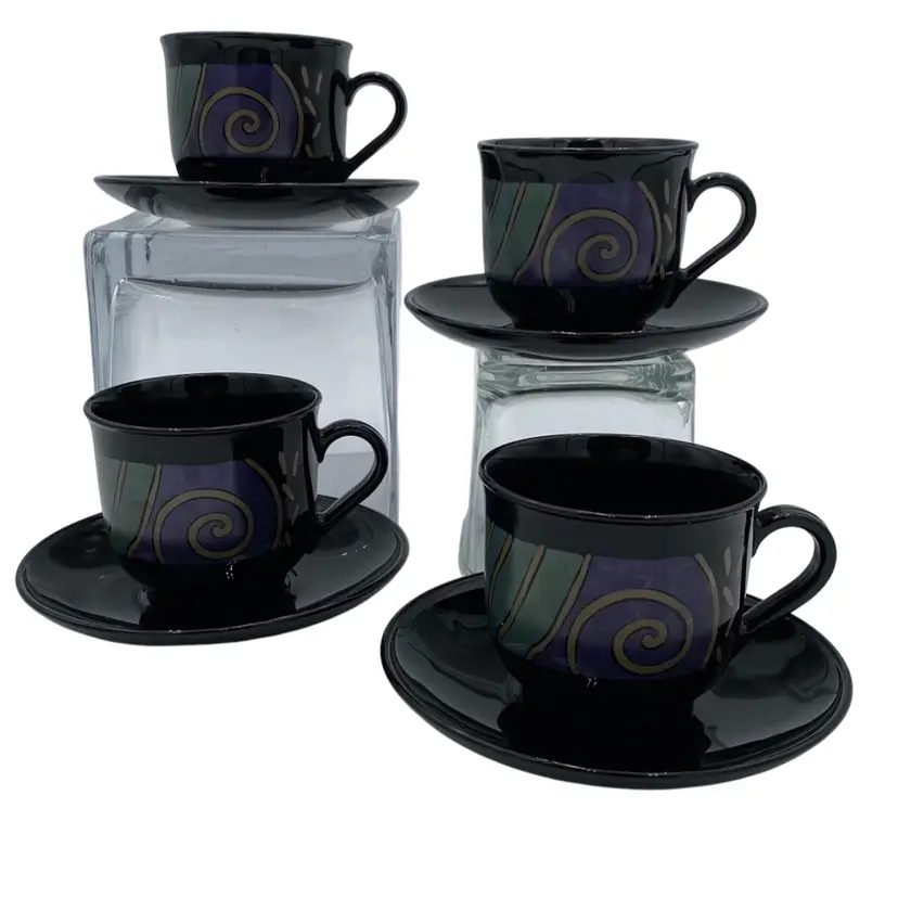 4 Sets: Vintage Cups & Saucers, Arcoroc (France) Black Glass, Tampico Design
