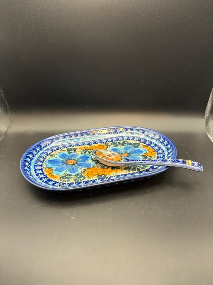 Polish Pottery Oval Condiment Dish With Matching Spoon