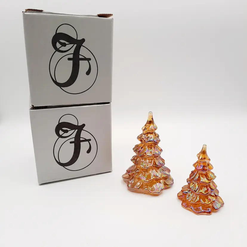 Fenton Gold Amber Iridescent Christmas Trees Set Of 2