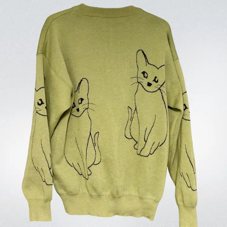 Contemporary Fast Fashion Olive Green Cat Crewneck Sweater, Size XL