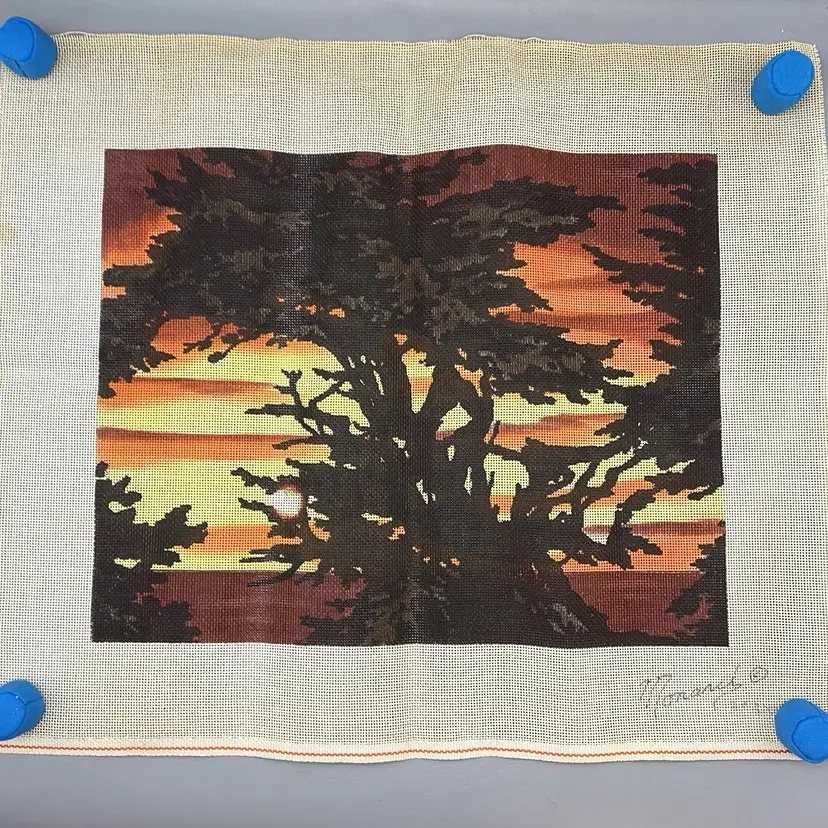 Stitch Painted Needlepoint Monarch Sunset Trees 20x24" 13 Point Canvas