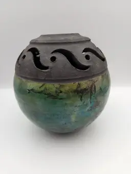 Artist Signed Dark Green Raku Pottery Vase with Light Luminating Cut Outs 7.5"H