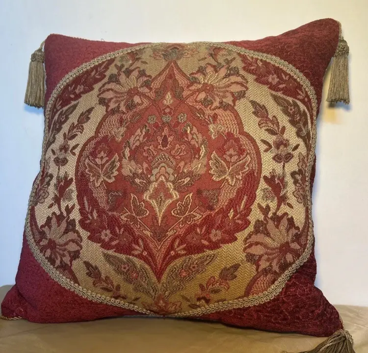 Ethan Allen Red and Gold Ornate Tassle Throw Pillow
