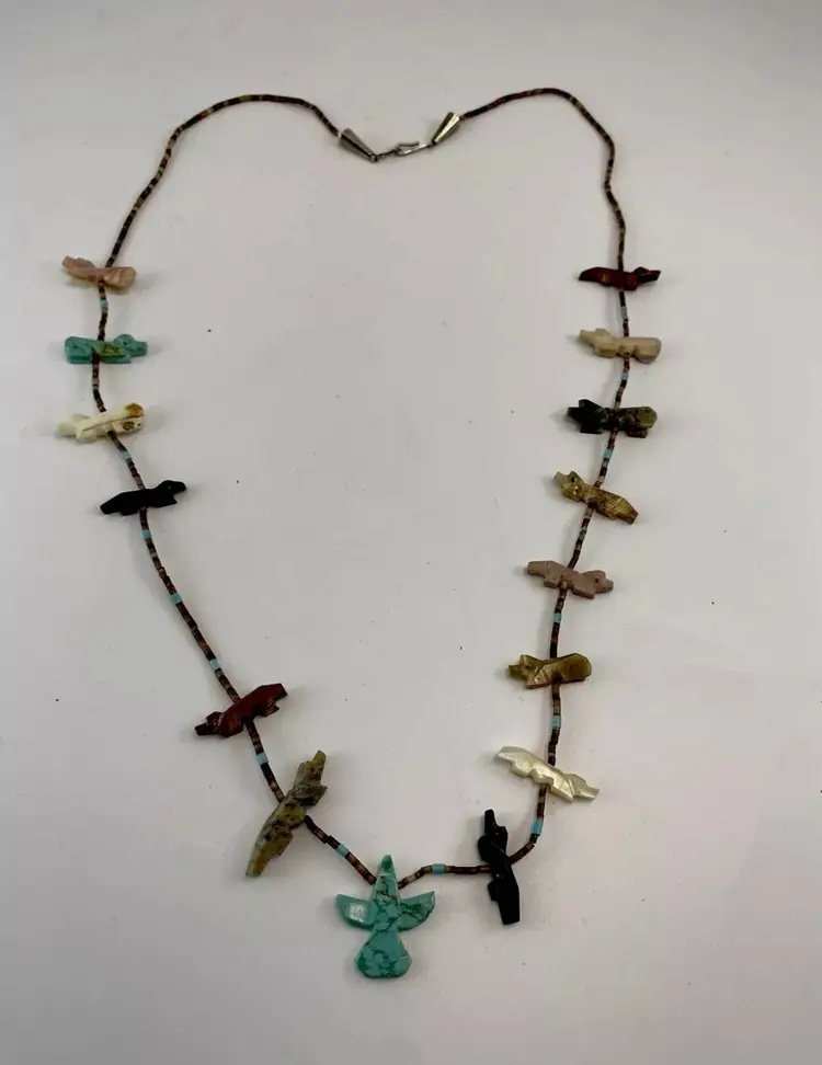 VTG Zuni Natural Turquoise Multi Stone Thunderbird Fetish Heishi Bead Necklace