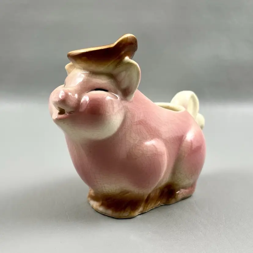 Vintage Pink Pig With A Hat Ceramic Creamer Krazing 5.5x4.25" Read