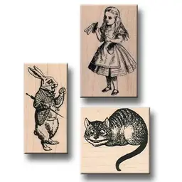 Alice In Wonderland Set of 3 Rubber Stamps - Drink Me, White Rabbit With Watch, Cheshire Cat