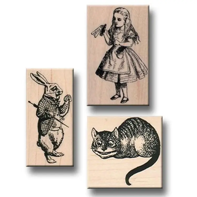 Alice In Wonderland Set of 3 Rubber Stamps - Drink Me, White Rabbit With Watch, Cheshire Cat