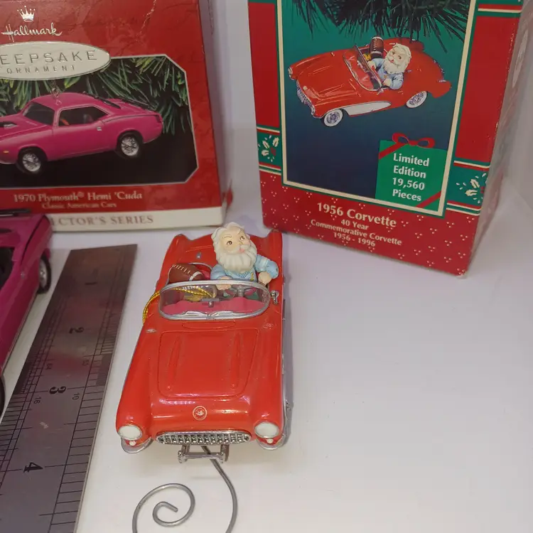 Vintage Car ornaments '65 Corvette, '70 Plymouth Hemi Cuda,  '56 Corvette