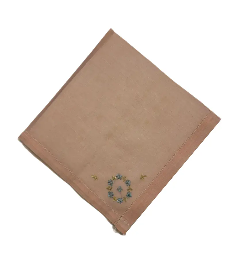 Embroidered Peach Something Blue Handkerchief Cottage Core Granny Vintage