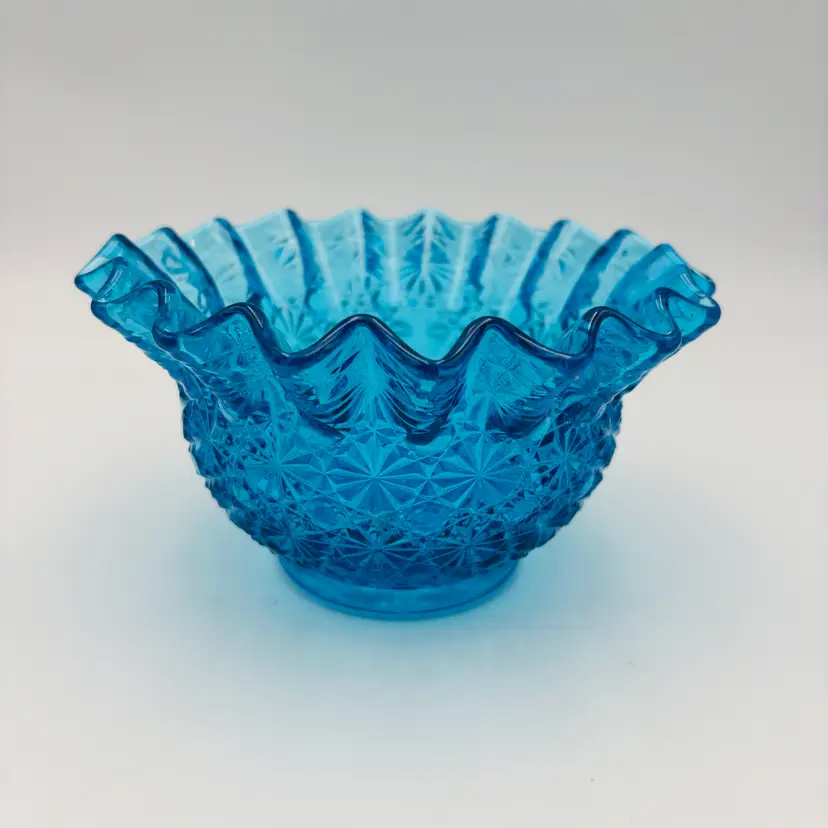 Vintage LE Smith Daisy & Button Ruffled Edges Decorative Bowl Dark Blue