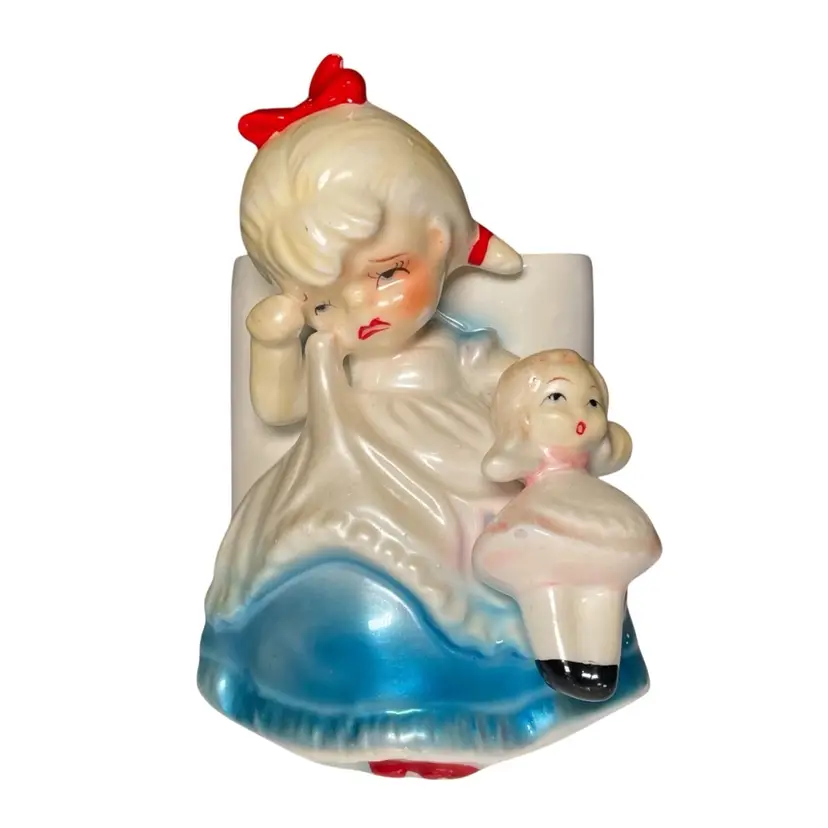Vintage Norcrest Crying Little Girl with Dolly Ceramic Planter Pen Holder Kitsch 5"