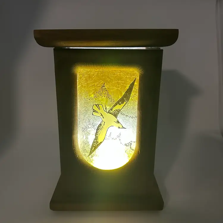 Vintage Wooden Candleholder With Bird In Stained Glass