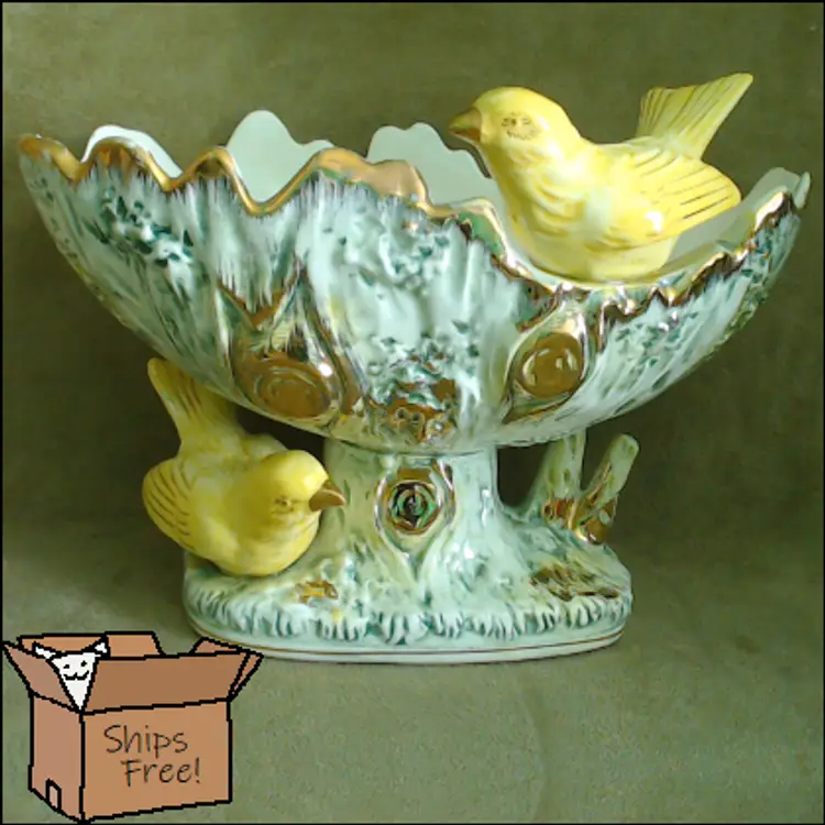 Vintage Birdbath Planter | Sweet Little Yellow Birds Perched on a Hollow Log | Gilded Pedestal Planter for a Showy Centerpiece | 1950s Ucagco Made in Japan
