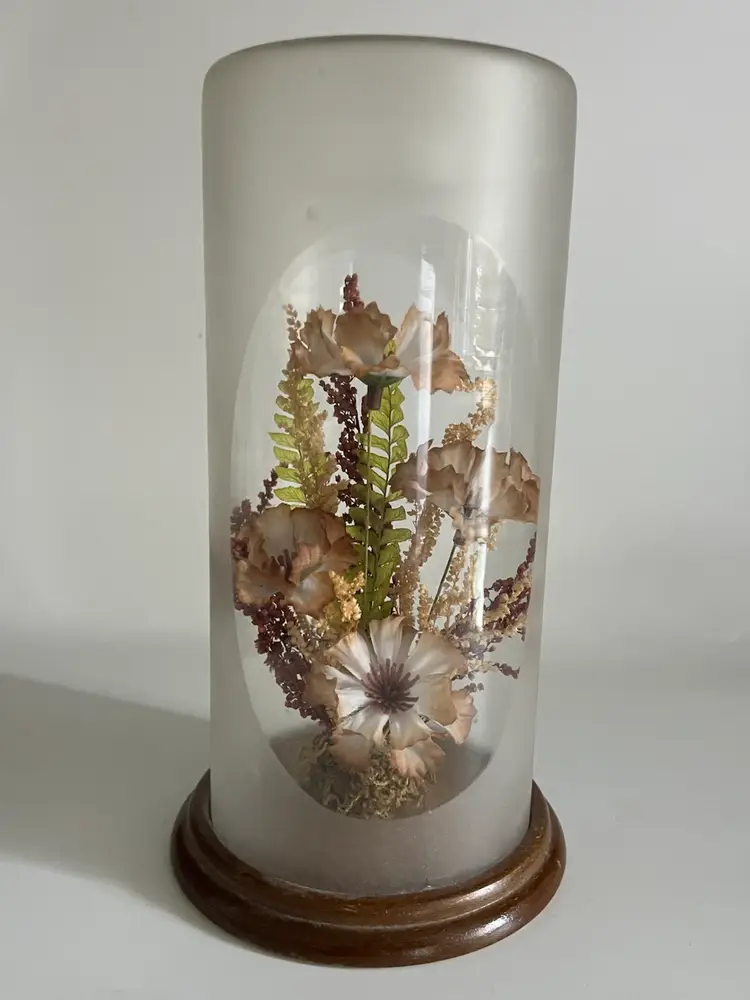 Vintage 70s-  Silk Floral - Frosted Dome Like Cloche -Decor- 7.5” Tall, 4” Wood Base