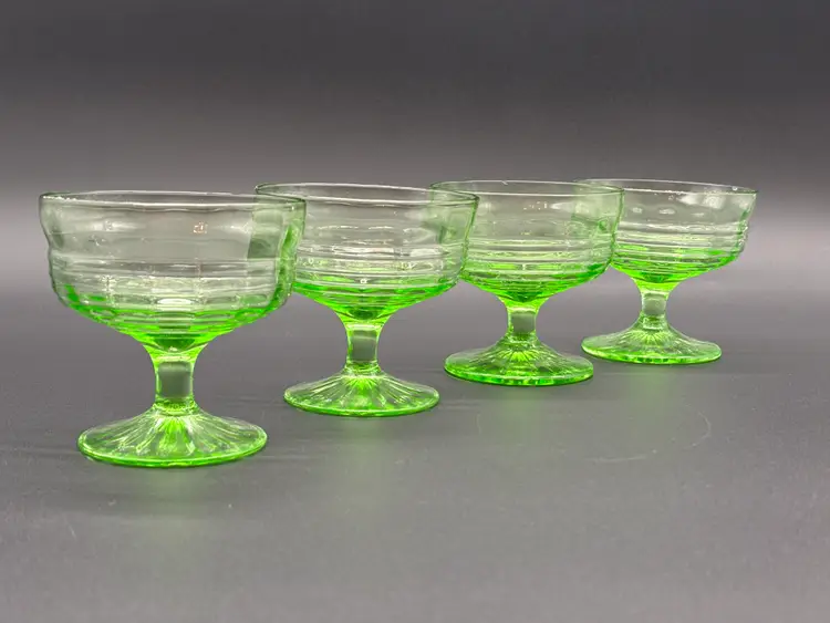 Vintage Anchor Hocking Circle Green Low Sherbet Glass Dessert Dishes Set of (6) | Uranium Glass