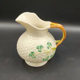Vtg Belleek Ireland Shamrock Creamer Basket Weave Design