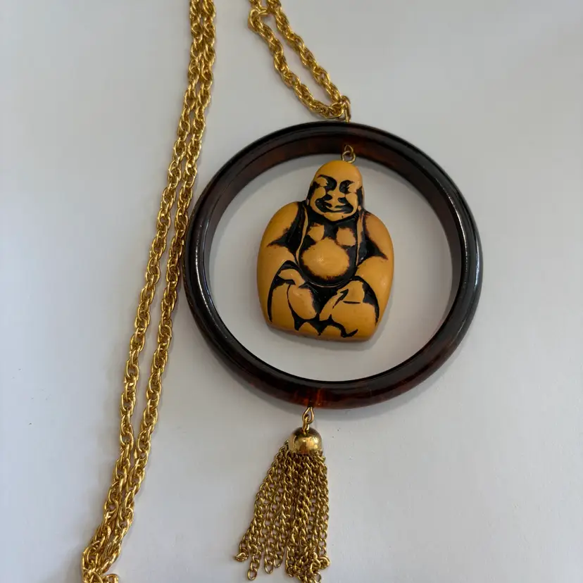 Amazing Vintage Bakelite Buddha 24” Necklace (Buddha And Ring Around It Are Both Bakelite)