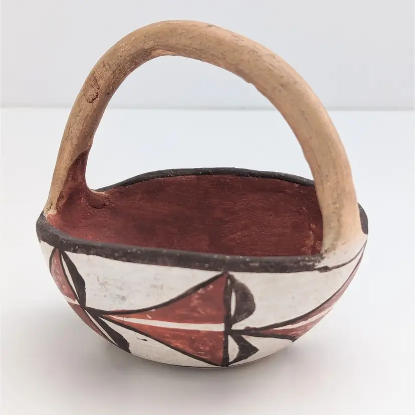 Vintage Southwestern Clay Pottery Small Clay Basket with Handle Hand Painted