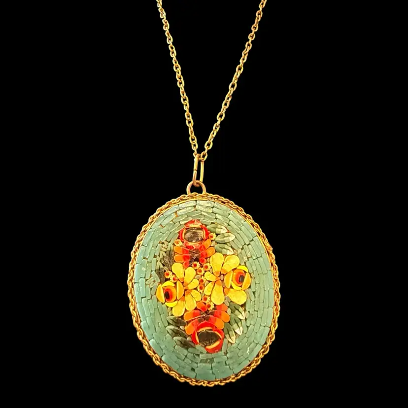 Micro Mosaic Floral Pendant 1.5” and Necklace 22”
