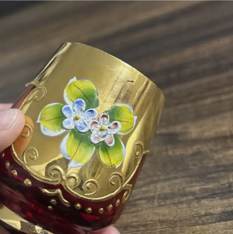 Vintage Bohemian Czech Ruby Glass Cordials Set Gold Gilt Enamel Flowers Set Of 3