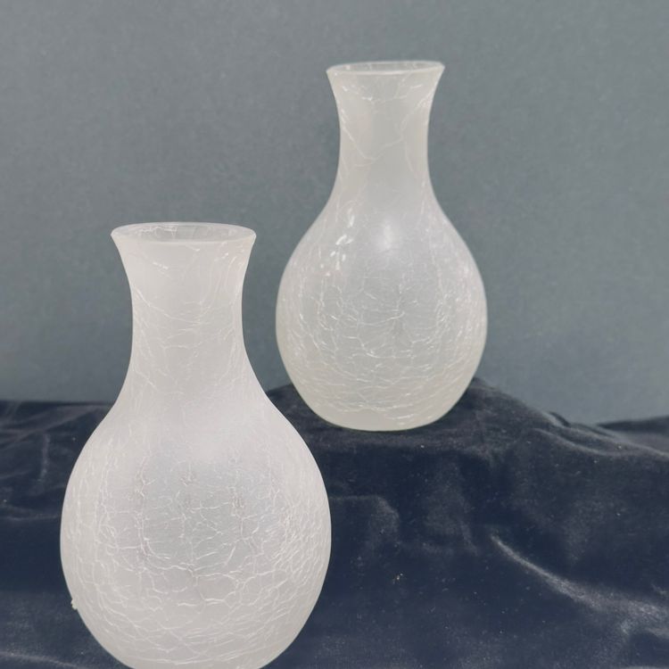 #1307 Set of 2, White frosted crackle glass 6" Bud Vases, Handcrafted Glassware, China,